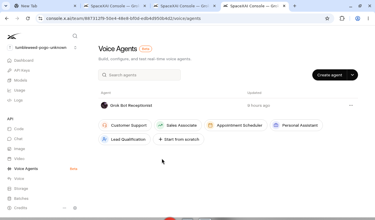 Voice Agents list with Create agent, Start from scratch, and one receptionist row. Publish is not on this page.