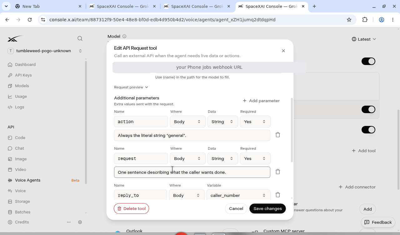 Edit API Request tool: POST endpoint, Additional parameters action, request, and reply_to bound to caller_number. Webhook URL redacted.