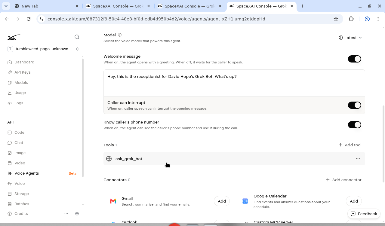 Agent configuration with Know caller’s phone number turned on, and the ask_grok_bot API Request tool listed.